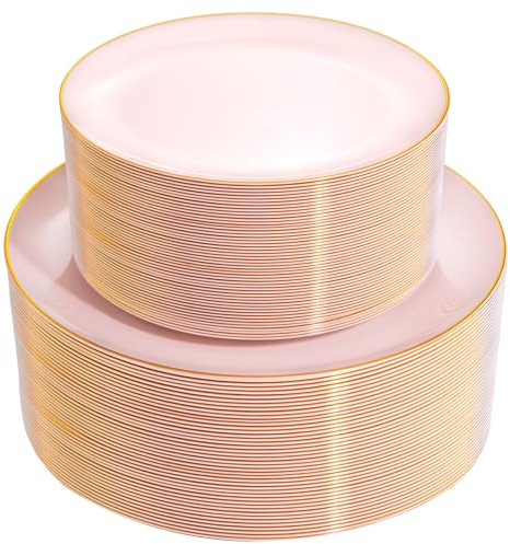 PULOTE 100PCS Pink Plastic Plates - Heavy Duty Pink and Gold Disposable for Party, Wedding, Mother's Day Include 50 Each (Dinner & Dessert) Plates