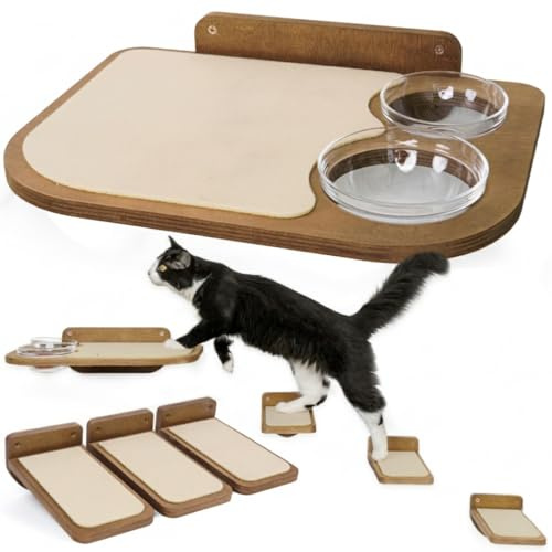 INICIO Cat Shelves – Dog Proof Feeding Station with Wall Mounted Shelves, 3 Steps for wall with Floating Shelf for Cats Up to 15lbs, Includes Attached Cat Food Bowl for Convenient Feeding – Brown