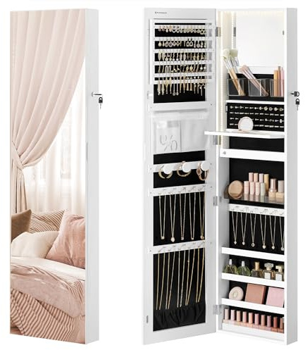 SONGMICS 55 Inches Tall Spacious Jewelry Cabinet, Jewelry Armoire with Light-Up Interior Mirror, Wall or Door Mounted Jewelry Storage Organizer, Lockable, Gift Idea, Cloud White UJJC032W01