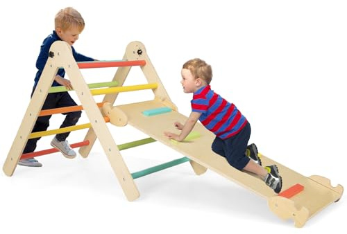 Costzon Climbing Toys for Toddlers, 4 in 1 Foldable Wooden Montessori Kids Triangle Climbing Toys with Adjustable Angle’s Ramp for Climb & Slide, Baby Climbing Gym Indoor Kids Boys Girls Gift Set