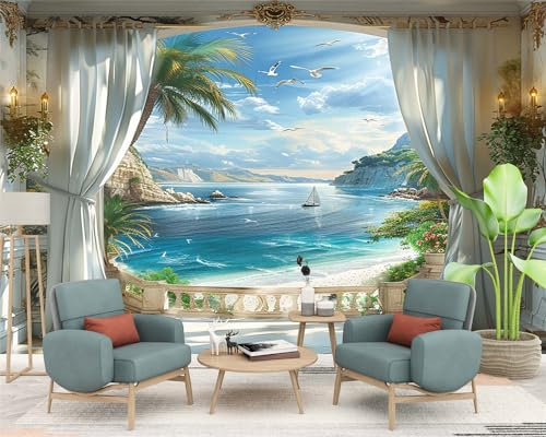 Carta da Parati Fotografica Finestra Oceano Paesaggio Palme Tropicali - Design Carta per Pareti Camera - Fotomurali in Tessuto Non Tessuto 200x140 cm - Colla Non Inclusa