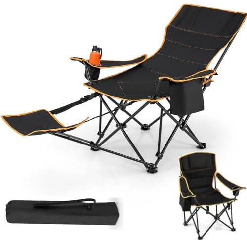 TANGZON 150KG Portable Folding Camping Chair, 2-in-1 Reclining Camping Lounger with Removable Footrest, 2-Position Adjustable Backrest, Cup Holder, Cooler Bag, Carrying Bag, Cozy Lounge Chair for Picn