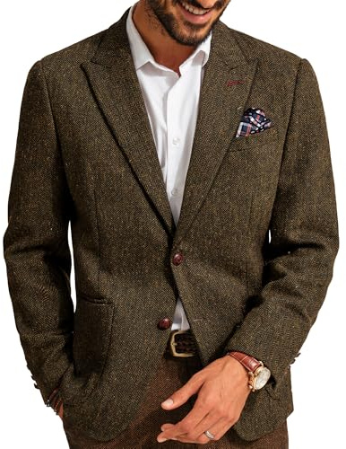 PJ PAUL JONES Mens Herringbone Tweed Blazer Jacket Regular Fit Wool Two Button Sport Coats for Commuting Brown L