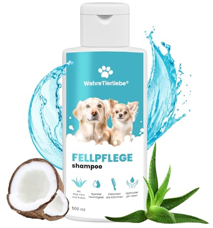 Wahre Tierliebe Hundeshampoo - Rückfettend mit Optimalem PH-Wert und Ohne Silikone | Kokosnuss-Extrakt & Aloe Vera | Hundeshampoo gegen Geruch und Schmutz | Fellpflege Hund Made in Germany, 500ml