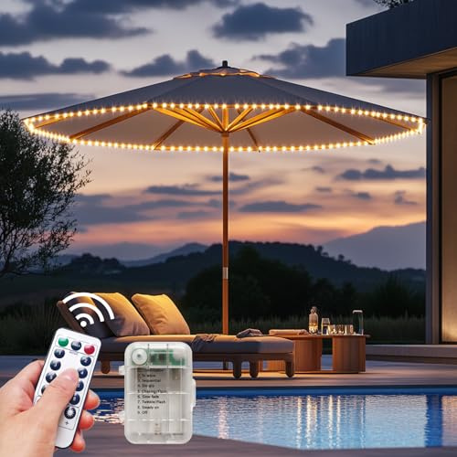 Patio Umbrella Lights Cordless LED Market Table Umbrella Lights with Remote Control Battery Operated Waterproof Parasol String Lights, Fits 6-11 Feet Diameter Outdoor Umbrella Décor (Warm White)