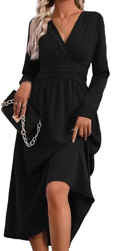 QUNERY Robe Longue Femme Ete/Automne Elégante Robes de Plage Manches Courtes/Longues V Taille Haute Robe Unie Maxi Casual et Chic Dress B-Noir XL