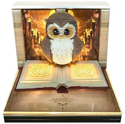 2026 3D-pappersskulpturkalender med LED-ljus, kreativ avrivning konst memo dyna, nyckfull skrivbordsprydnad, unik present till jul, födelsedag och kontorsdekor (uggla)