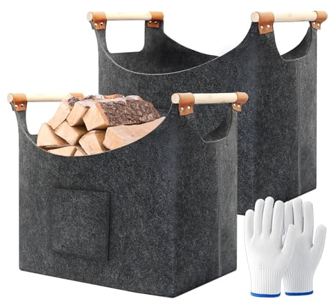 Ensemble Luxe de 2 Paniers à Bois - Panier Cheminée en Feutre Haut de Gamme avec Poignées & Gants (60L) | Solution de Rangement Pliable Idéal Cadeau