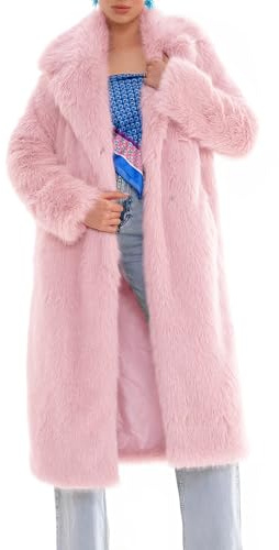 COZYPOIN Womens Long Faux Fur Coat Long Sleeve Lapel Furry Fur Jackets Winter Warm Fluffy Outerwear Shaggy Overcoat(Pink-M)