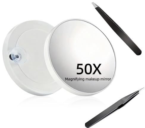 Uvwxba Specchio da Trucco con Ingrandimento 50X con Ventosa e 2 Pinzette di Precisione - Ingranditore Compatto e Portatile per Trucco Dettagliato, Cura della Pelle e Uso Lenti a Contatto (Bianco)