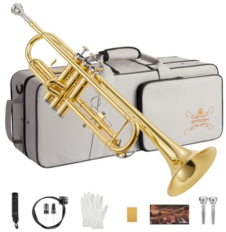 STRICH Bb Standard Trumpet Set for Beginners, Brass Student Trumpet Instrument with Hard Case, Cleaning Kit, 7C & 3C Mouthpieces, Gloves - STR-1G, Gold