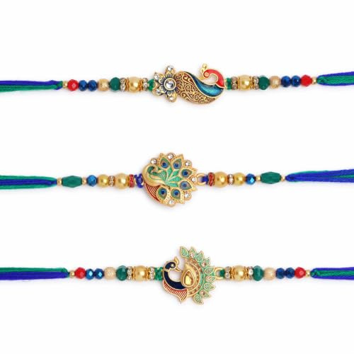 SWACRAFT Raksha Bandhan Peacock Set of 3 Rakhi for Brother | Traditional Rakhi for Bhaiya Bhabhi | Premium Rakhi with Greeting Card & Roli Chawal Tika | Festive Rakhi Gift Set