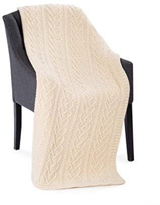 Irischer Herz Muster Warme und Weiche Aran Decke aus 100% Merinowolle in Natur Hergestellt in Irland (170 x 125 cm)