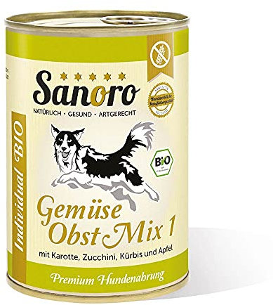 Sanoro Gemüse/Obst Mix 1 - Premium-Hundefutter in Bio-Qualität - Mix aus Bio-Karotte, Bio-Zucchini, Bio-Kürbis und Bio-Apfel, salzfrei - vegetarischer Barf-Zusatz (12 x 400 g).