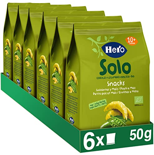 Hero Solo BIO - Snack Petit Pois Biologiques - pour Bébés Dès 10 Mois - non Frits, 100% Naturels, Sans Gluten, ni Conservateurs ni Colorants et Sans sel Ajouté - Lot de 6 x 50 g