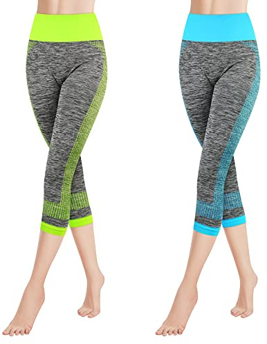 Libella Lot de 2 Femme Legging 3/4 Capri Pantalon de Sport Legging de Sport Taille Haute Multicolore Pantalon de Course Strech Fitness Caprihose 4119 Vert Bleu S M