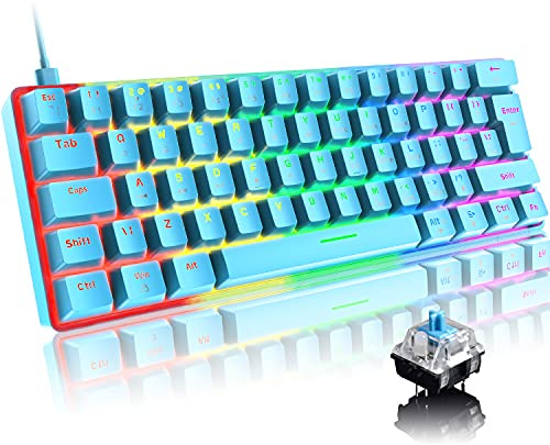 FELiCON T60 Mini Speltangentbord, Kompakt 60% Mekaniskt Tangentbord Gaming Light Up Keyboard med Portable 62 Keys 19 Rainbow LED Backlit, UK Layout, USB-C Kabel för PC Mac PS4-Blå/Blue Switch