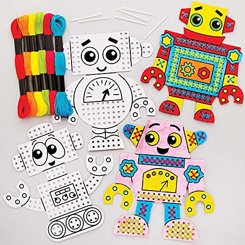 Baker Ross FE410 Kit Punto Croce da Colorare con Robot - Confezione da 6, Cucito per Principianti, Crea il tuo per Bambini, Punto Croce per Bambini