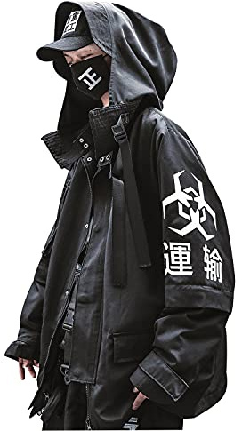 Niepce Inc Japanese Streetwear Zip Up Windbreaker Jacket for Men (Black2, L)