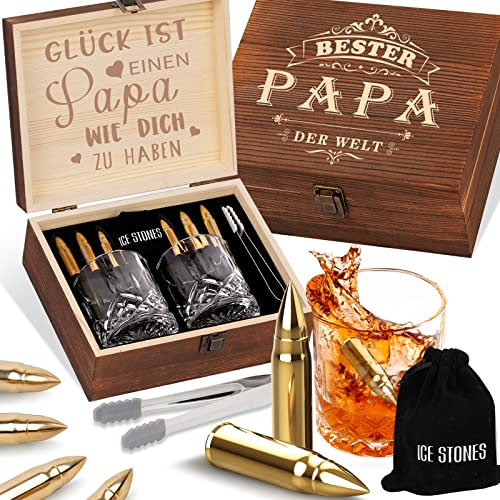 Whisky Gläser Geschenkset Papa, Whiskey Geschenke für Männer mit 2 Whiskey Gläser und 6 Whisky Steine, Bester Papa Whiskygläser Geschenk Weihnachten für Vater Opa Stiefvater