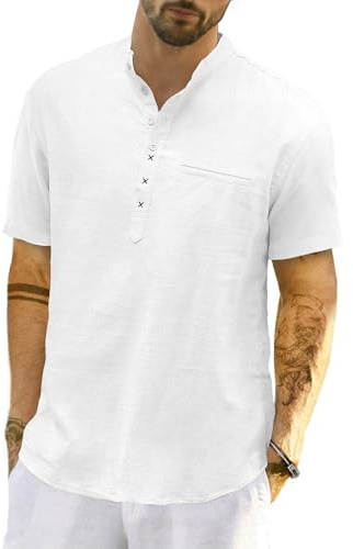 LVCBL Hommes Casual Coton Lin Manches Courtes Henley Chemise Été Léger Col Banded Haut Plage Hauts M-3XL, Blanc., L