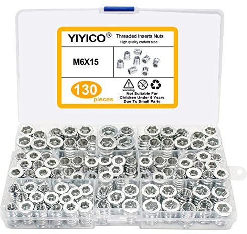 Einschraubmutter Gewindeeinsatz Holz Einschraubmuffen 130Stk M6 Gewindebuchse ​Innensechskantmuttern Sortiment aus Verzinktem Stahl für Holzmöbel (M6*15 130pcs)
