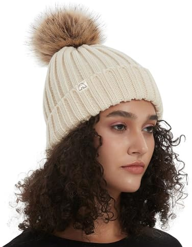 Hat Hut Winter Hats for Women Satin Lined Beanie Hats for Women Ladies Bobble Hat Warm Winter Cap Pom Pom Beanie (A3-Beige)