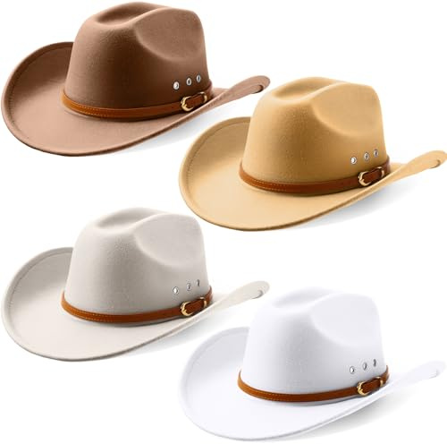 Breathffy 4 Pcs Cowboy Hat Felt Wide Brim Cowgirl Hats with Belt Classic Outdoor Western Style for Women Men Adults (Khaki,Camel,Beige,White)