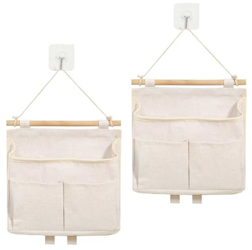 Hpbaggy 2 Stück Hängende Aufbewahrungstasche, Wand Hängen Tasche, 3 Fächer mit Klebriger Haken, Leinen Lagerung Veranstalter für Kleine Gegenstände Kleidung Unterwäsche Schmuck
