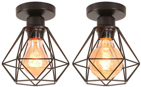 iDEGU Lot de 2 Lustre Plafonnier Industriel Métal Suspension Luminaire Style Cage Géométrique E27 Mini Lampe de Plafond Vintage pour Couloir Entrée, Noir, Ø 16cm (Plafond)