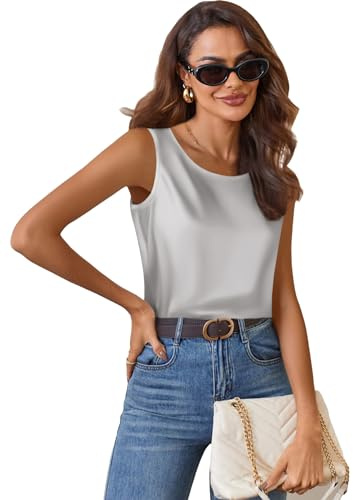 Zeagoo satintopp dam elegant sidentopp basic blustoppar rund hals axelbandstopp ledig linne ärmlös satinblus, LJUSGRÅ, M
