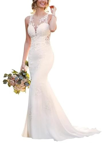 TAIGUHUI Abito da Sposa Sirena Pizzo Ufficio del Registro Civile Plain Backless, Bianco, 46