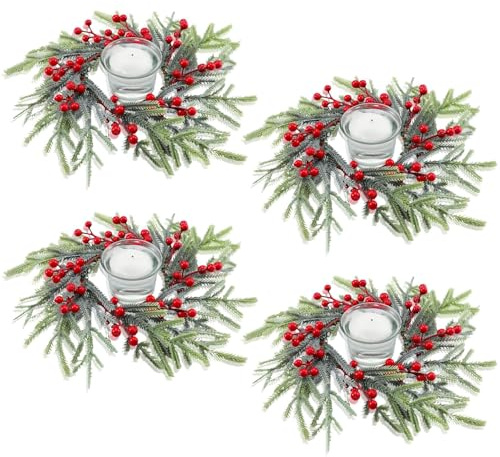 KAHEIGN Set med 4 ljusringar 21 cm med röda bär – konstgjorda barr ljusring för bordsdekoration, vårdekoration, bröllop, adventskrans, jul och festlig dekoration