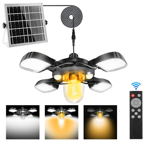 Lampada Solare a Sospensione, Lampada Solare da Esterno con Telecomando, Lampada con Pannello Solare, Cavo 5M, IP65 Impermeabile,4400mAh per Interni ed Esterni Giardino Gazebo