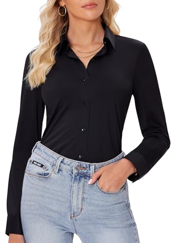 siliteelon Button Down Shirts for Women Slim fit Long Sleeve Stretch Dress Shirts Work Shirt Wrinkle Free Office Blouses Black Medium