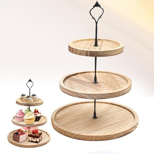 YedZen 3 Etagen Runder Holz Etagere Tortenständer, 3 Stöckig Cupcake Ständer mit Metallgriff, Kuchenständer Kuchenplatte für Hochzeit, Geburtstagsparty, Heimdekoration,Tischdeko, Dessert Servierturm