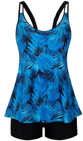 Arolina Womens Swimsuits Tummy Control Printed Tankini Sets High Waist Beach Flowy Blue Leaves Swimwear with Shorts X-Large