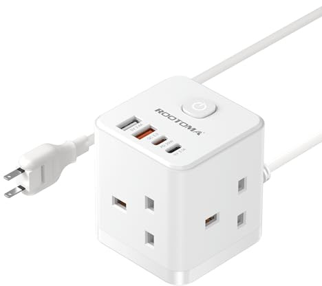 Japan Travel Adapter 3 Way 4 Fast Charging USB (QC3.0/PD20W) with 1.5M Extension Cable Compact Cube UK to Japan Plug Adapter
