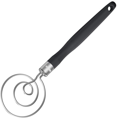 U-Taste Danish Dough Whisk: 18/8 Stainless Steel Hand Sourdough Mixer, Food Grade Bread Dutch Wisk with Non-Slip Silicone Handle for Baking Mixing Stirring Kneading Butter Sauce Mashed Potato (Black)
