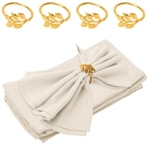 Servilletas de lino de tela Umllpet, juego de servilletas, para el uso diario, fiestas, Halloween, bodas (beige, 40 x 40 cm, juego de 4 servilletas + 4 servilleteros)