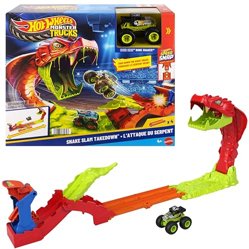 Hot Wheels Monster Trucks Snake Slam Takedown & exklusiv Bone Shaker | Inkluderar leksakslastbil i skala 1:64, leksetet är kompatibelt med Speed Snap Track, JJN44