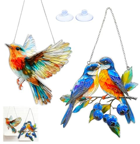 Rieoany Décorations de Fenêtre Suspendues, 2 Attrape-Soleil, Suspensions Oiseaux, Pare-Soleil en Vitrail (Grand, Petit)