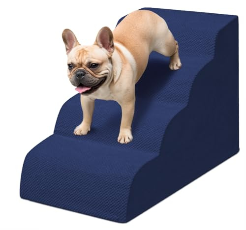 Niubya Scala per Cani e Gatti Piccoli, 4 Gradini 52 cm, Schiuma 30D, Antiscivolo, Fodera Lavabile, Ideale per Divano/Letto, Animali Anziani o Mobilità Ridotta, Blu Marino