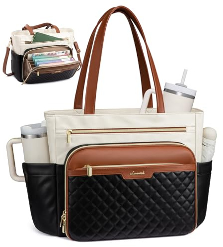 LOVEVOOK Teacher Tote Bag with Accordion File Pocket, Soft PU Leather Work Briefcase Quilted Laptop Bag with Large Cup Holder