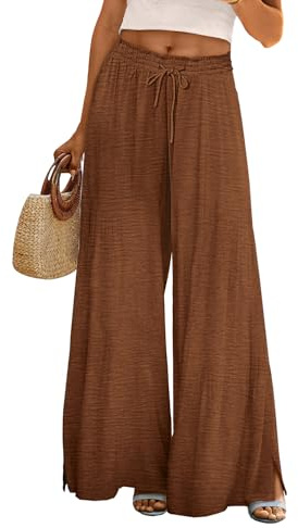 YESNO Women Summer Flowy Wide Leg Pants Drawstring Elastic Waist Casual Lounge Beach Palazzo Trouser with Pockets M PPR Coffee