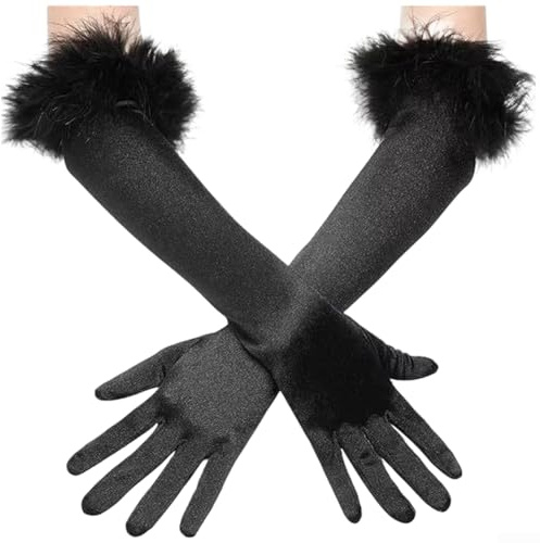 PureBowlic Långa damhandskar med fjäderaccenter, vintage delad fingerdesign, mjukt fodrad vinterfest bröllop cosplay tillbehör, svart (svart)