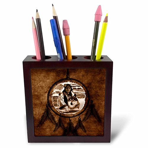 3dRose ph_52256_1 Brown Native American Wolf Based on a Painting by Martin Basmajian-Tile Pen Holder, 5-Inch