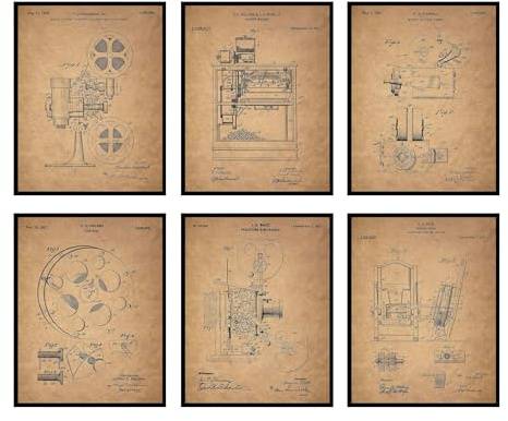 Theater Blueprint Wall Art - Vintage Movie Patent Posters, Home Theater Room Decor, Gifts for Movie Lovers, Retro Blueprint Pictures, Wall Art for Film Buffs - Unframed Set of 6 (8x10)