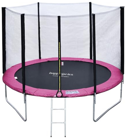 Pack Happy Garden Premium Trampolín Redondo de jardín para niños 305cm Reversible Rosa/Gris ADELAÏDE + Red, Escalera, Lona y Kit de Anclaje, fácil Montaje