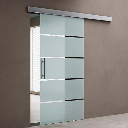 doporro Porta Scorrevole in Vetro 77.5x205cm, Porte Scorrevoli in Vetro Satinato con Strisce Trasparenti con Maniglia Per Asta per Bagno Cucina Studio Ufficio, Amalfi TS13-775SC MSLG